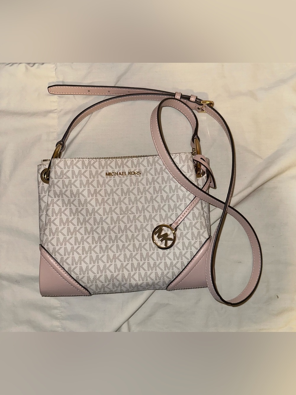 Michael Kors Pink & White MK Logo Crossbody with Gold Hardware